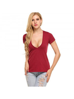 Women Deep V Neck Short Sleeve T Shirt Tops Sexy Ladies Summer Sweatshirt Blouse