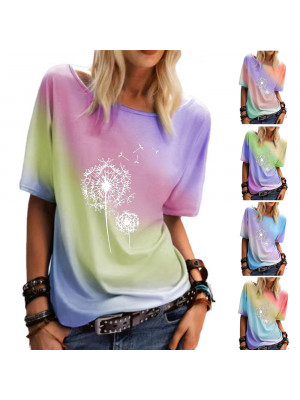 Womens Summer Short Sleeve T Shirt Gradient Rainbow Floral Blouse Tee Basic Tops