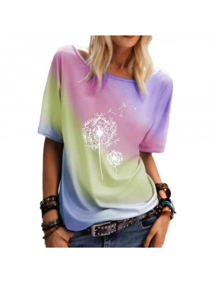 Womens Summer Short Sleeve T Shirt Gradient Rainbow Floral Blouse Tee Basic Tops