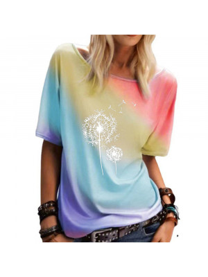 Womens Summer Short Sleeve T Shirt Gradient Rainbow Floral Blouse Tee Basic Tops