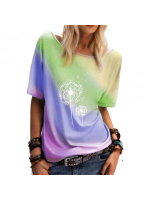 Womens Summer Short Sleeve T Shirt Gradient Rainbow Floral Blouse Tee Basic Tops