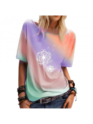 Womens Summer Short Sleeve T Shirt Gradient Rainbow Floral Blouse Tee Basic Tops