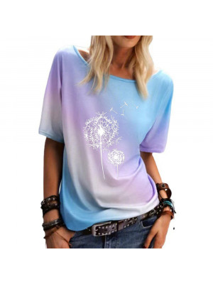 Womens Summer Short Sleeve T Shirt Gradient Rainbow Floral Blouse Tee Basic Tops