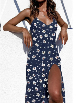 Womens Sexy Summer Midi Dress Beach Wear Boho Floral Print Vest Swing Sundress