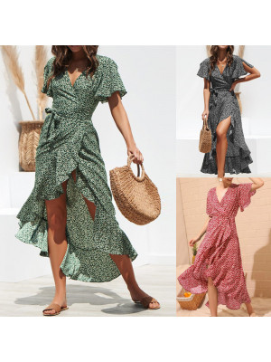 Womens Summer Holiday Boho Floral Midi Dress Ladies Short Sleeve Beach Sundress