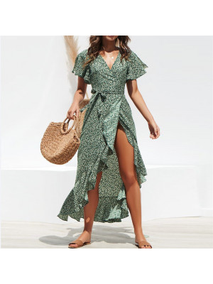 Womens Summer Holiday Boho Floral Midi Dress Ladies Short Sleeve Beach Sundress