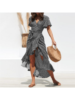 Womens Summer Holiday Boho Floral Midi Dress Ladies Short Sleeve Beach Sundress