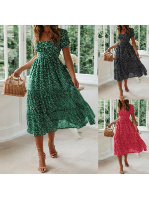 Womens Polka Dot Boho Long Dress Ladies Summer Beach Holiday Ruffle Maxi Dresses