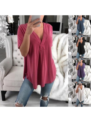 Womens Ladies V Neck Longline Blouse Short Sleeve Loose T Shirt Plain Tunic Tops