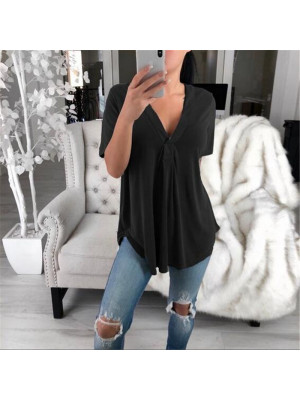 Womens Ladies V Neck Longline Blouse Short Sleeve Loose T Shirt Plain Tunic Tops