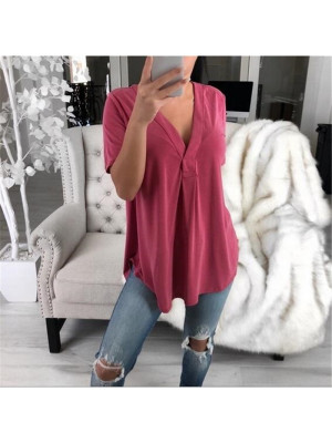 Womens Ladies V Neck Longline Blouse Short Sleeve Loose T Shirt Plain Tunic Tops