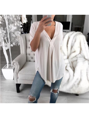 Womens Ladies V Neck Longline Blouse Short Sleeve Loose T Shirt Plain Tunic Tops