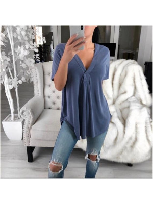 Womens Ladies V Neck Longline Blouse Short Sleeve Loose T Shirt Plain Tunic Tops