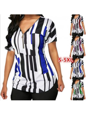 Womens Sexy Zipper V Neck T Shirt Ladies Slim Tee Blouse Stripe Tops Plus Size