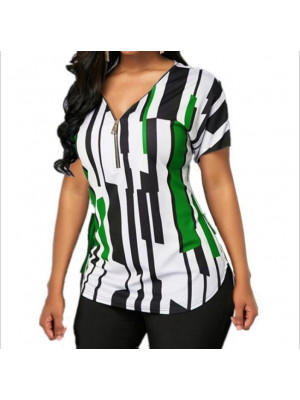 Womens Sexy Zipper V Neck T Shirt Ladies Slim Tee Blouse Stripe Tops Plus Size