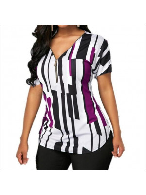 Womens Sexy Zipper V Neck T Shirt Ladies Slim Tee Blouse Stripe Tops Plus Size