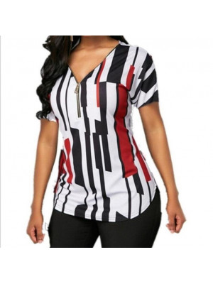 Womens Sexy Zipper V Neck T Shirt Ladies Slim Tee Blouse Stripe Tops Plus Size