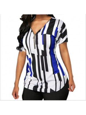 Womens Sexy Zipper V Neck T Shirt Ladies Slim Tee Blouse Stripe Tops Plus Size