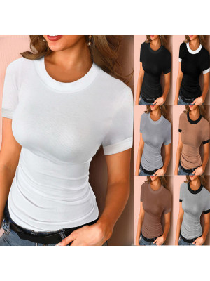 Womens Short Sleeve Round Neck T-Shirt Pullover Tops Ladies Casual Slim Blouse