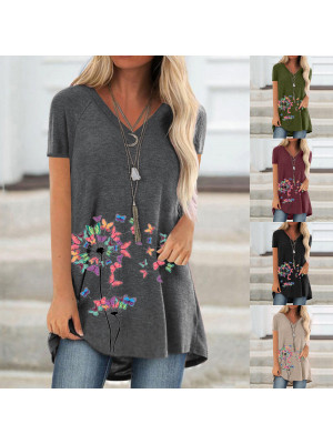 Womens Summer Casual Butterfly Short Sleeve T Shirt V Neck Blouse Tops Pullover