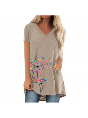 Womens Summer Casual Butterfly Short Sleeve T Shirt V Neck Blouse Tops Pullover