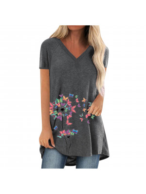 Womens Summer Casual Butterfly Short Sleeve T Shirt V Neck Blouse Tops Pullover