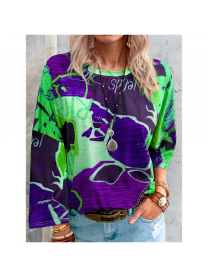 Womens Round Neck Ladies Print Shirts Casual Long Sleeve Blouse Tops Pullover