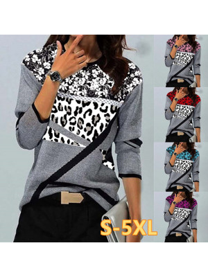 Womens Leopard Print Slim Tops Long Sleeve Blouse Ladies T Shirt O Neck Tee Plus Size UK