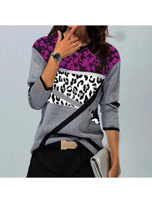 Womens Leopard Print Slim Tops Long Sleeve Blouse Ladies T Shirt O Neck Tee Plus Size UK