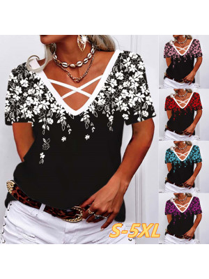 Womens Floral Short Sleeve Ladies Pullover Blouse Tops T Shirt Plus Size Tee UK