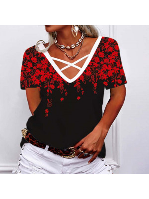 Womens Floral Short Sleeve Ladies Pullover Blouse Tops T Shirt Plus Size Tee UK