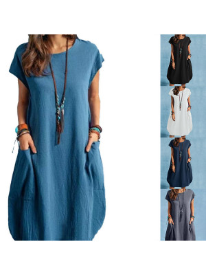 Womens Short Sleeve Cotton Linen Loose Baggy Dress Kaftan Midi Dresses Plus Size