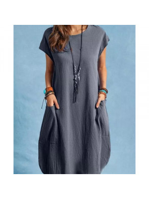 Womens Short Sleeve Cotton Linen Loose Baggy Dress Kaftan Midi Dresses Plus Size