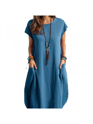 Womens Short Sleeve Cotton Linen Loose Baggy Dress Kaftan Midi Dresses Plus Size