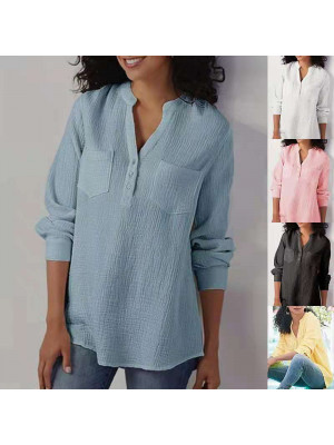 Womens Cotton Linen Pocket Blouse Tops Ladies Baggy Long Sleeve Casual T-Shirt