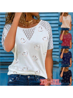 Womens Heart Slim Tops Short Sleeve Blouse Ladies T Shirt Summer Tee Plus Size