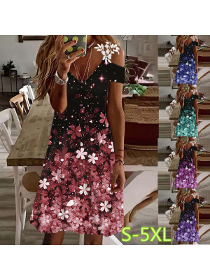 Womens Summer Floral Boho Cold Sleeve Mini Dress Casual Holiday Dresses Sundress Plus Size