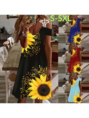 Womens Summer Sunflower Floral V Neck Boho Cold Sleeve Mini Dress Casual Holiday Dresses