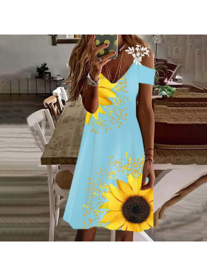 Womens Summer Sunflower Floral V Neck Boho Cold Sleeve Mini Dress Casual Holiday Dresses