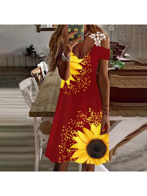 Womens Summer Sunflower Floral V Neck Boho Cold Sleeve Mini Dress Casual Holiday Dresses