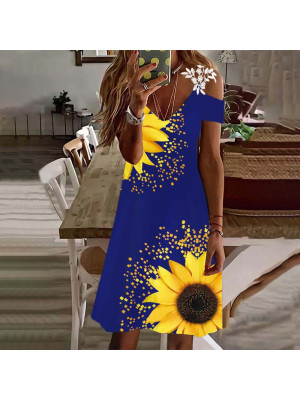 Womens Summer Sunflower Floral V Neck Boho Cold Sleeve Mini Dress Casual Holiday Dresses