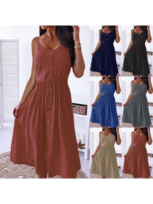 Women Summer Beach Midi Dress Ladies Button U Neck Sleeveless Sundress Holiday