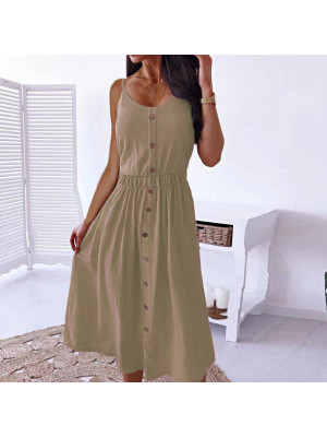 Women Summer Beach Midi Dress Ladies Button U Neck Sleeveless Sundress Holiday