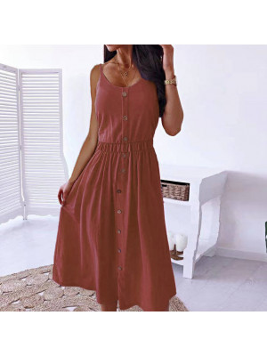 Women Summer Beach Midi Dress Ladies Button U Neck Sleeveless Sundress Holiday