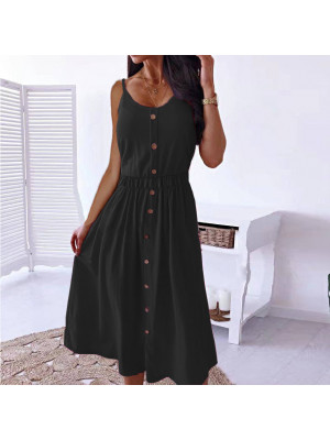 Women Summer Beach Midi Dress Ladies Button U Neck Sleeveless Sundress Holiday