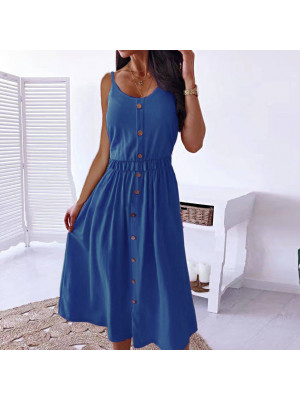 Women Summer Beach Midi Dress Ladies Button U Neck Sleeveless Sundress Holiday