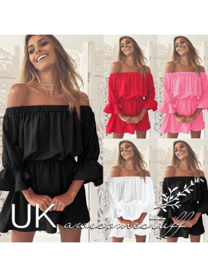 Womens Off Shoulder Mini Dress Ladies Short Sleeve Summer Evening Party Dresses