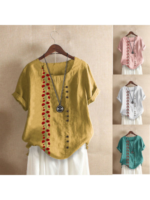 Womens Summer Cotton Linen Short Sleeve Tops Ladies Floral Loose T Shirt Blouse