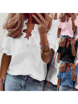 Womens Short Sleeve Shirts Blouse Ladies Ruffle V Neck Tops T Shirts Pullover UK