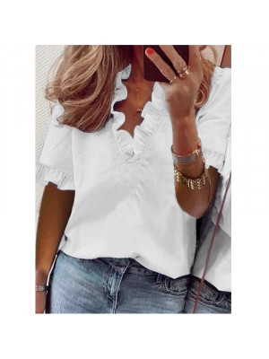 Womens Short Sleeve Shirts Blouse Ladies Ruffle V Neck Tops T Shirts Pullover UK